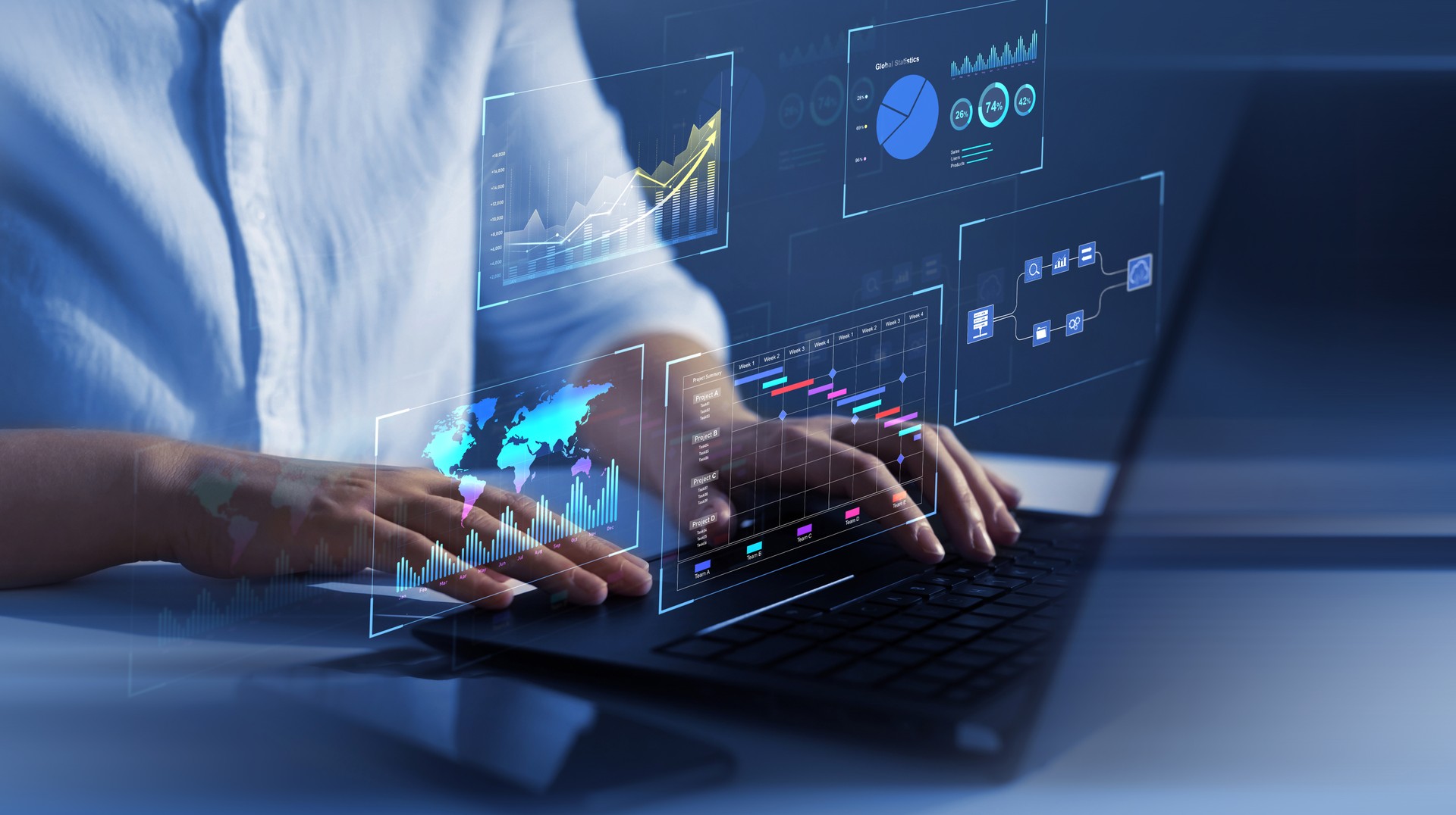 Gráfico de análisis de datos de finanzas empresariales. Asesor utilizando KPI Dashboard en pantalla virtual. Tecnología de gestión financiera.